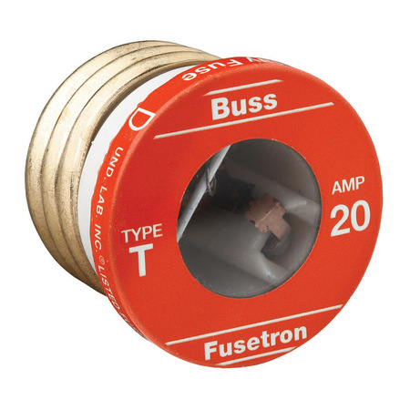 EATON BUSSMANN Plug Fuse, T Series, Time-Delay, 20A, 125V AC, Indicating, 10kA at 125V AC, 4 PK T-20